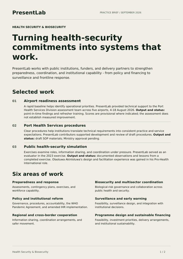 Cover of the PresentLab Health Security and Biosecurity practice brief